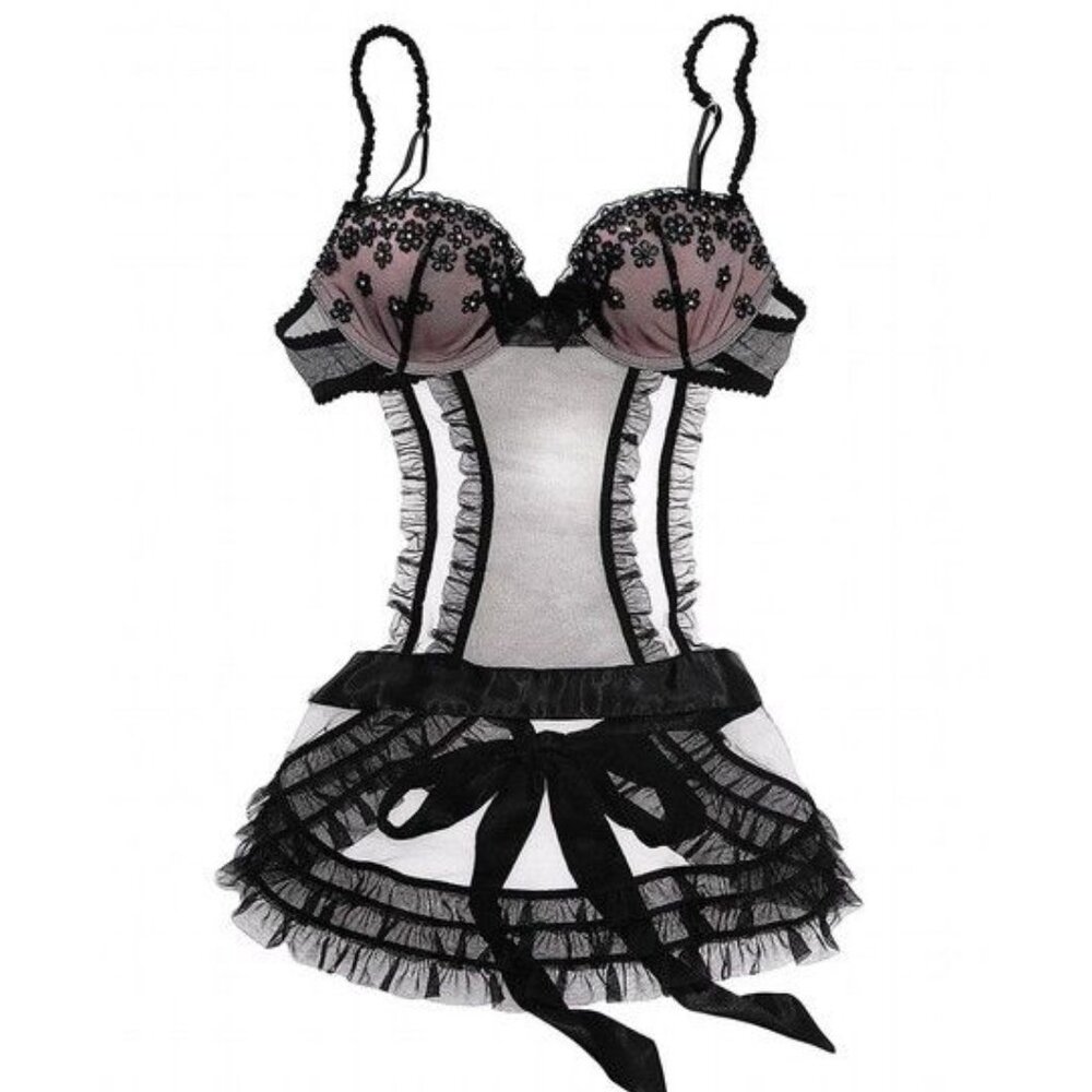 NWOT Victoria's Secret French Maid Mesh Ruffle Sequin push up, Ribbon, Black 36D